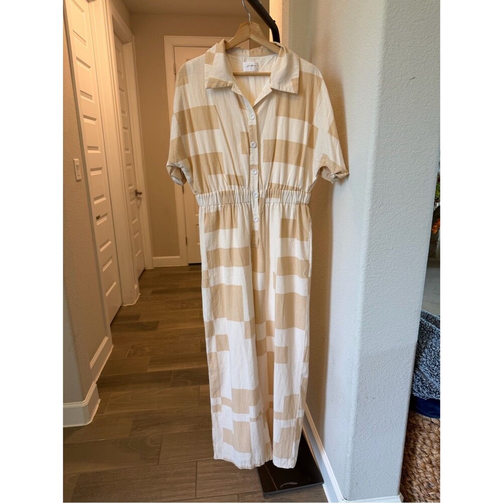 Girl and the Sun Beige Cream Abstract Print Button Front Wide Leg Jumpsuit L